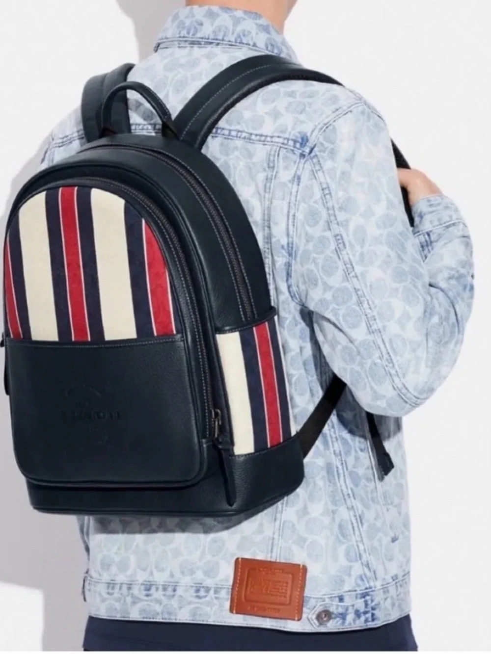 Coach Navy, Cream & Red Striped Men’s Leather Backpack
